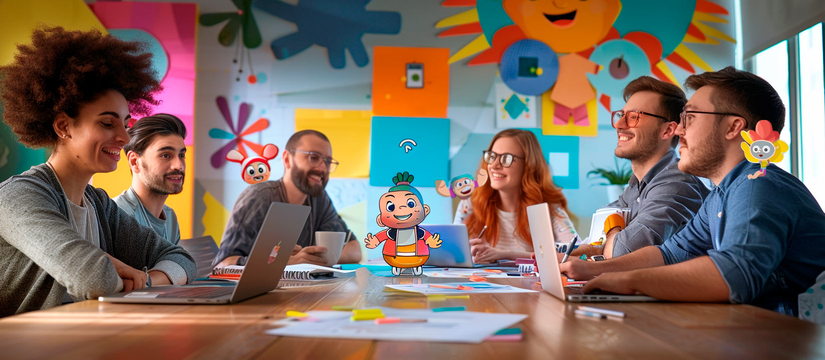 Imagen de un equipo de personas en una reunión creativa de marketing digital, con personajes de caricatura en sus hombros.